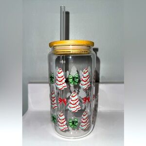Festive Christmas Tree Glass Tumbler with Straw